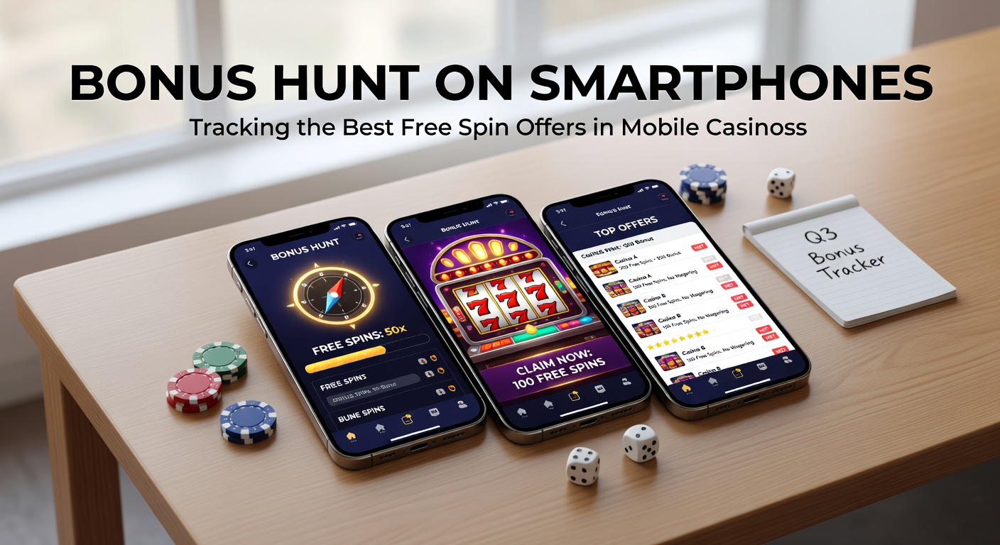 Smartphone mit Mobile-Casino-App und Free-Spin-Angebot im Vordergrund, umgeben von Slot-Symbolen