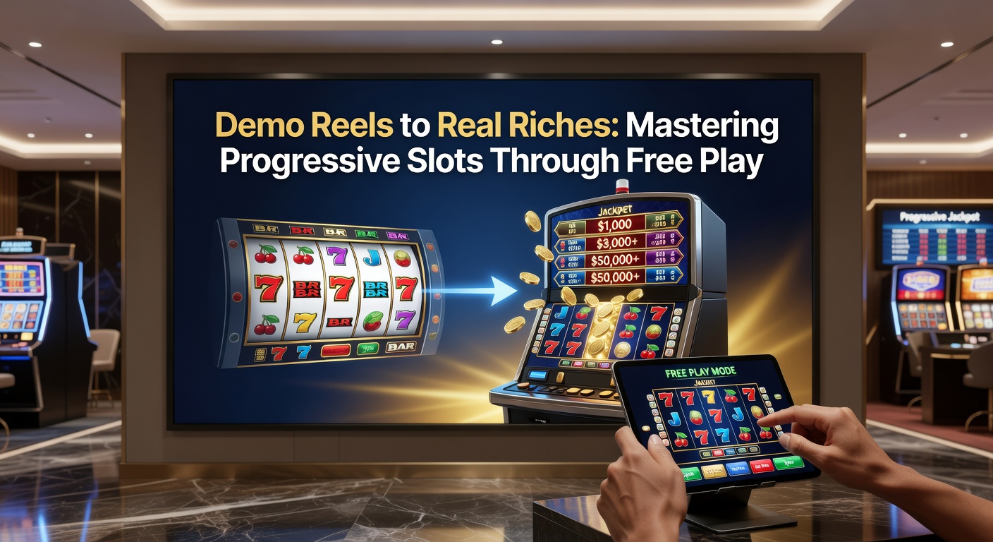 Bunte Darstellung eines progressiven Slot-Automaten mit steigendem Jackpot-Zähler und Demo-Modus-Symbolen, die den Übergang zu echten Einsätzen andeuten