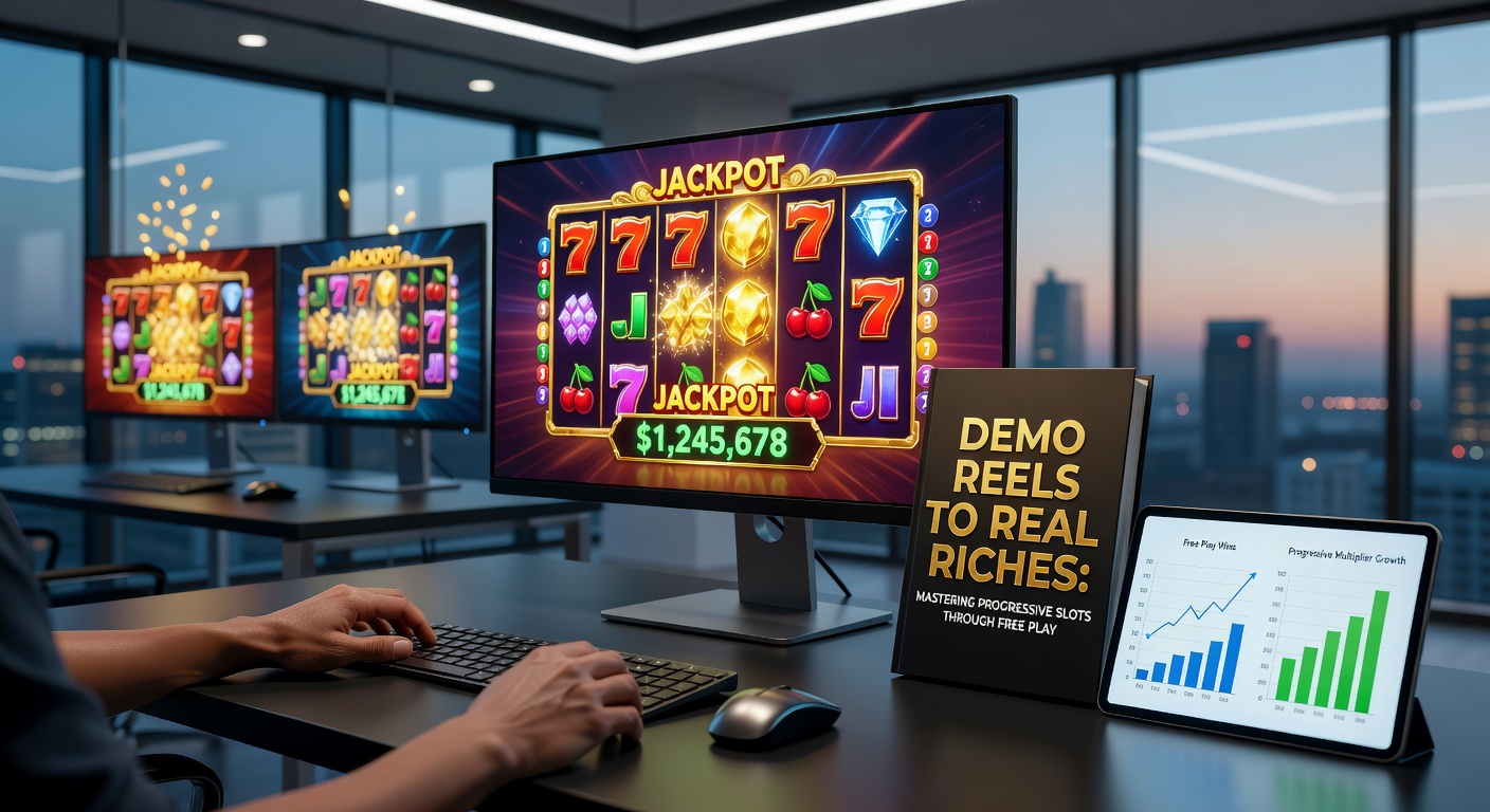 Nahaufnahme eines Spielers am Tablet, der einen Demo-Slot mit progressivem Jackpot spielt, umgeben von Grafiken steigender Gewinnzähler und Strategie-Notizen