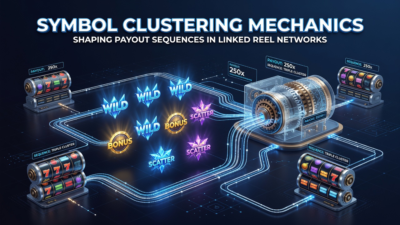 Darstellung von Symbol-Cluster-Mechanismen in vernetzten Walzennetzwerken mit farbigen Verbindungen und Auszahlungslinien