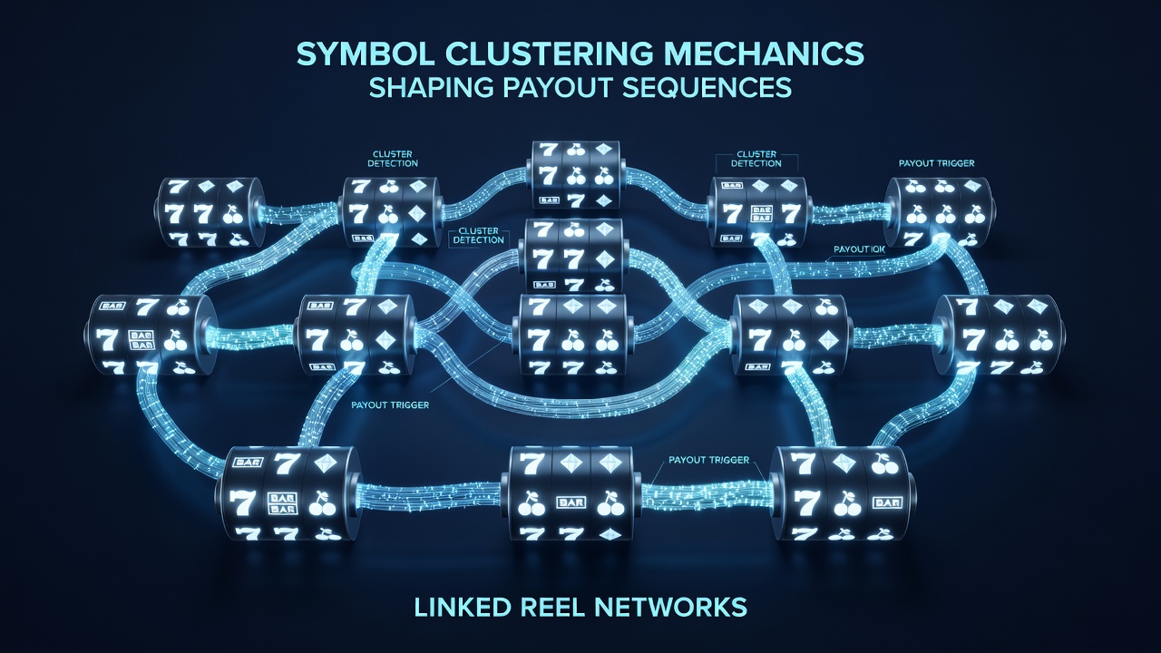 Detaillierte Ansicht von Auszahlungssequenzen durch Symbol-Cluster in vernetzten Reel-Netzwerken mit animierten Linien