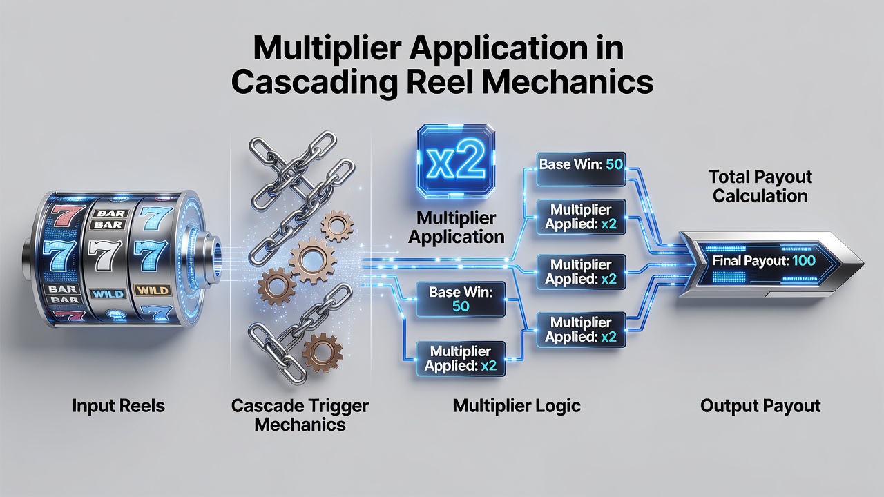 Technische Visualisierung von Multiplikator-Stacking und Symbolkaskaden mit Datenflussdiagramm